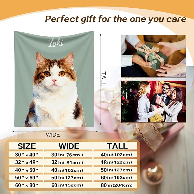 Custom Gifts for Cat Dad Mom Personalized Fleece Throw Blanket with Pet Portrait Picture & Name Cute Cozy Soft Warm Unique Gifts for Pets Lover (Watercolor Style)