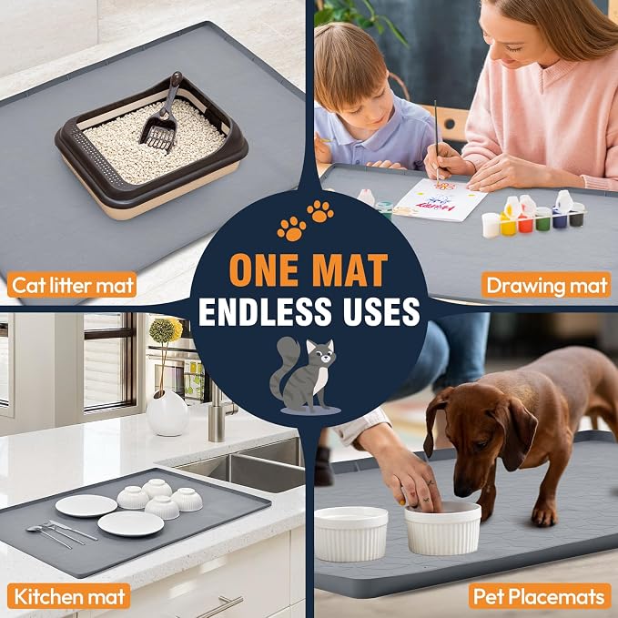 Cat Litter Mat, 34"x22" Waterproof Silicone, Litter Trapping | Large Size, Non-Slip Floor Pad, Easy to Clean, Indoor Cats, for Litter Box, Traps Litter & Dirt, Blue