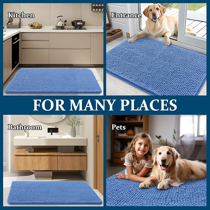 OLANLY Dog Door Mat for Muddy Paws 54x24, Super Absorbent Chenille Mud Mat | Cornflower Blue, Absorbs Moisture and Dirt, Non-Slip Machine Washable Doormat, Quick-Drying Indoor Entryway Carpet for Dogs