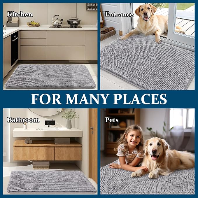 OLANLY Dog Door Mat for Muddy Paws 45x27, Super Absorbent Chenille Mud Mat | Light Grey, Absorbs Moisture and Dirt, Non-Slip Machine Washable Doormat, Quick-Drying Indoor Entryway Floor Carpet for Dogs