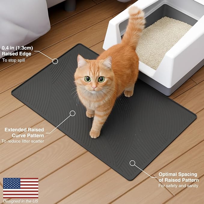 Cat Litter Box Mat - L Large Size 34 x 22 in, Water Proof, Kitty Litter Trapping Mat, Easy to Clean, Scatter Control, Odorless, Pet Supplies for Indoor Cats, Dark Gray