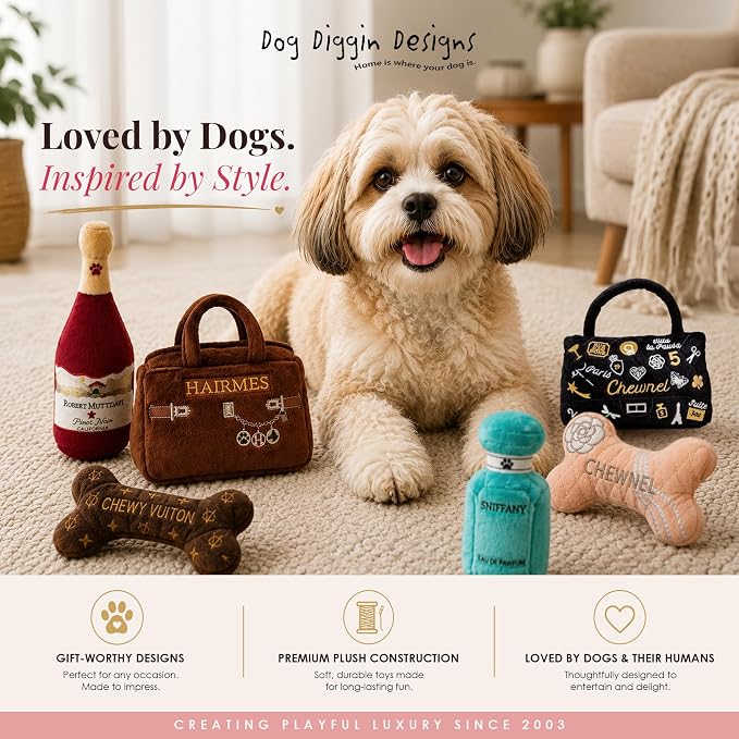 Dog Diggin Designs Dolchew & Grrrbone Plush Squeaky Dog Toy Ball | Luxury-Inspired Parody Designer Ball with Squeaker, Soft Plush Fetch Dog Toy – Prêt-à-Porter Play!