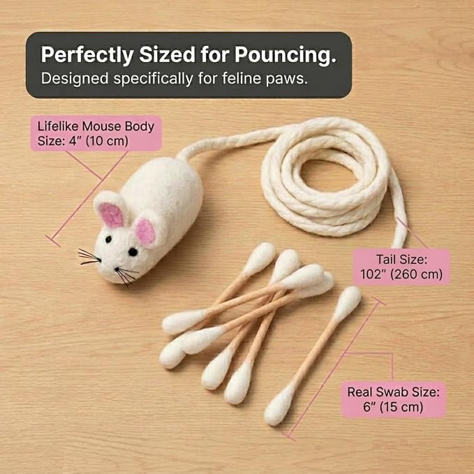 Glaciart One Cat Qtip Toy Set, Felt Mice Cat Toy & Cotton Swab Cat Toy, Wool Felt Cat Toys for Indoor Cats