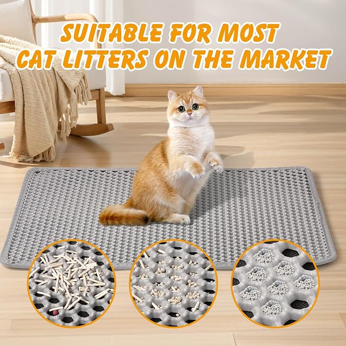 ondware Cat Litter Mat 30 x 24 in, Double Layer, Waterproof, Gray | Honeycomb EVA mat, traps litter, urine-proof non-slip backing, soft on paws, easy shake-off or rinse clean