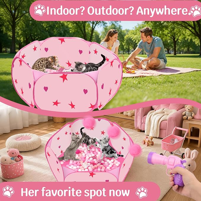 Cat Ball Pit for Indoor Cats, Collapsible Interactive Cat Toy Set with Pom Pom Launcher Crinkle Balls Jingle Bells Springs Toy Mice, Foldable Enrichment Play Pen for Bored Kittens Self Play (Pink)