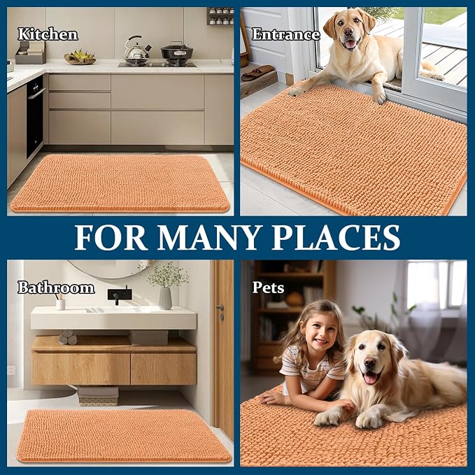 OLANLY Dog Door Mat for Muddy Paws 30x17, Super Absorbent Chenille Mud Mat | Orange, Absorbs Moisture and Dirt, Non-Slip Machine Washable Doormat, Quick-Drying Indoor Entryway Floor Carpet for Dogs