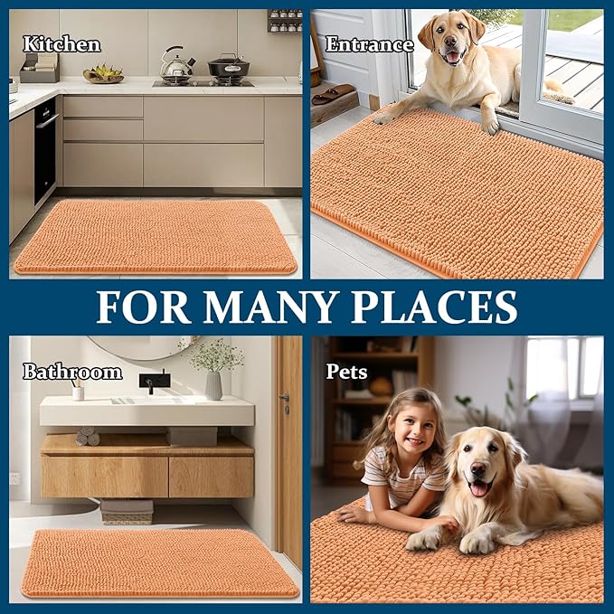 OLANLY Dog Door Mat for Muddy Paws 50x30, Super Absorbent Chenille Mud Mat | Orange, Absorbs Moisture and Dirt, Non-Slip Machine Washable Doormat, Quick-Drying Indoor Entryway Floor Carpet for Dogs