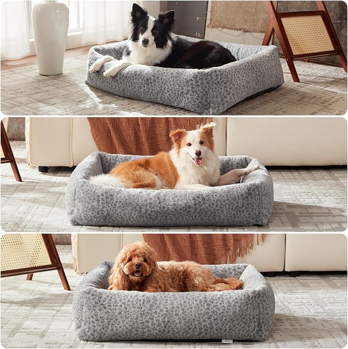 JOEJOY Dog Bed Medium Size Dog, Removable Washable Cover Orthopedic Soft Pet Bed, Anti-Slip Fluffy Plush Faux Rabbit Fur Puppy Bed, 30"x24"x8", Leopard Print, Grey