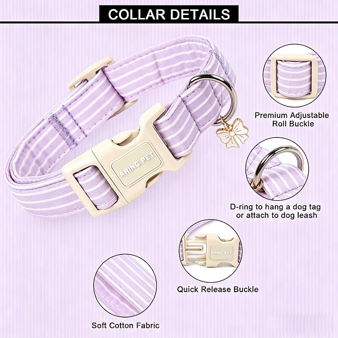 ARING PET Stripe Dog Collar, Cute Spring Summer Purple Stripe Pet Collars with Bow Charm for Puppy Small Medium Large Boy Girl Dogs, for Daily Outdoor Walking Beach Stroll-M