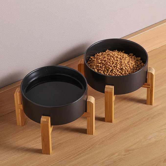 Black Elevated/Raised Dog Bowl Ceramic with Wood Stand for Small Medium Breed,Dog Food Water Dish Heavy, 6 in Non Slip Modern Cute Porcelain Pet Bowl