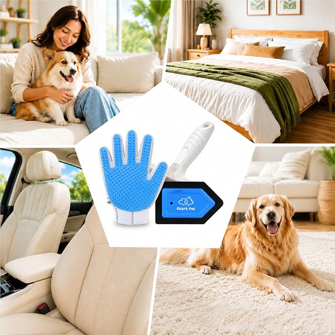 Pet Hair Removal for Home & Car 3-in-1 – Reusable Dog & Cat Removal Kit with Pet Tool, Glove, Mini Detail Cleaning & Furniture Hair Remover for Couch, Upholstery & Car Seats (Blue, Combo 3-in-1)