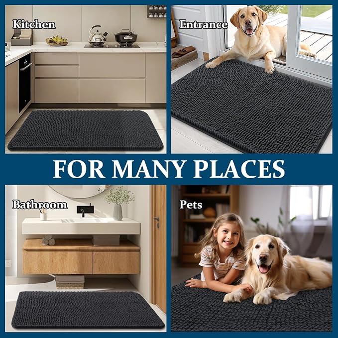 OLANLY Dog Door Mat for Muddy Paws 59x35, Super Absorbent Chenille Mud Mat | Dark Grey, Absorbs Moisture and Dirt, Non-Slip Machine Washable Doormat, Quick-Drying Indoor Entryway Floor Carpet for Dogs