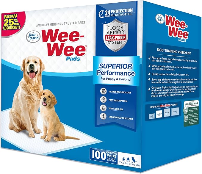 Four Paws Wee-Wee Superior Performance Unscented Pee Pads for Dogs & Puppies, Quilted Leak-Proof Dog Housebreaking Potty Training Floor Protection, 22" x 23", 100 Count