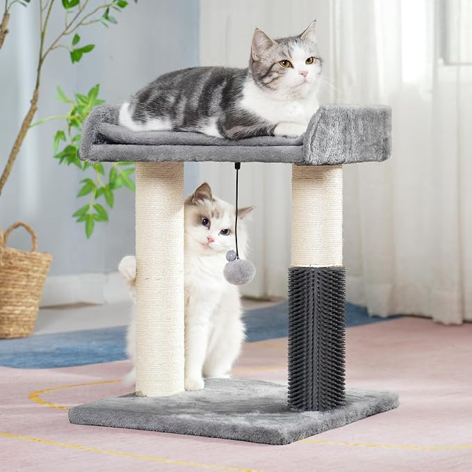 Cat Scratching Post Small Cat Tree with Cat Self Groomer, 15.7x13.7” Wide Top Bed, Natural Scratch Post and Danging Ball Great for Kittens and Average Indoor Cats-Medium Grey