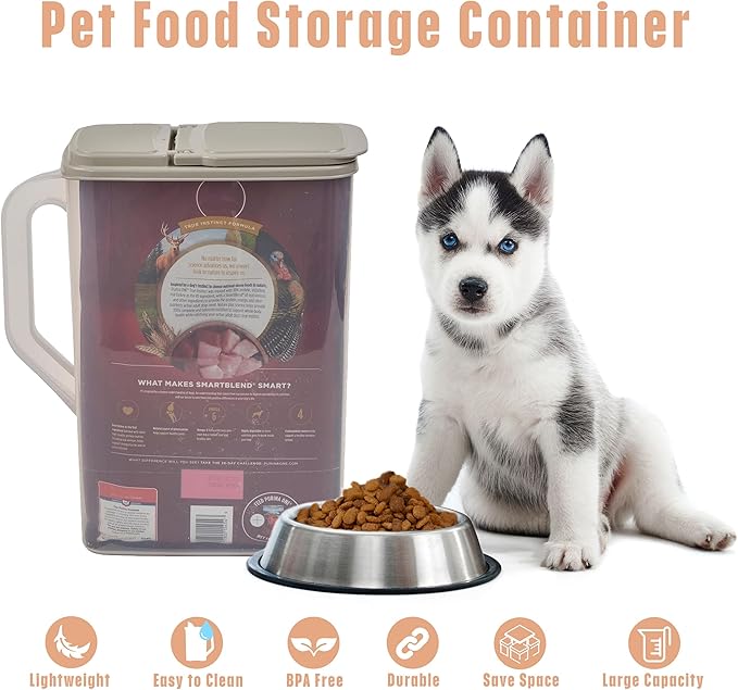 Buddeez Pet Food Storage Container - 8 Quart Capacity Dog / Cat Food & Bird Seed Container with Durable EZ Grip Handle, Flip Gray Lid (includes 1 Cup Clear Scoop)