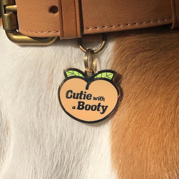 Two Tails Pet Company Personalized 'Cutie with a Booty' Pet ID Tag - Custom Engraved Dog Tags for Pets - Fun Brass, Gold Plating