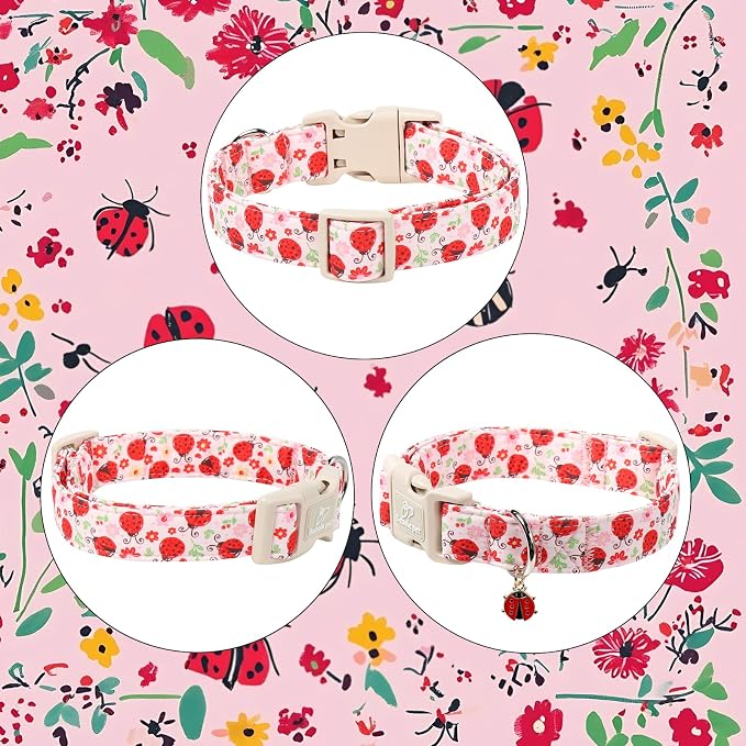 Lucky Ladybug Dog Collar for Large Dogs - Sweet Pink Girl Dog Collars, Lightweight Adjustable Spring Garden Mom Dogs Collars with Quick Release Buckle L