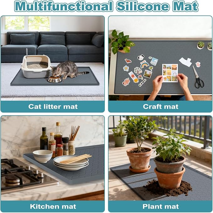 Cat Litter Mat Litter Trapping Mat, Silicone Cat Litter Box Mats for Floor, Non-Slip Litterbox Mat with Raised Edge, Easy Clean Pet Feeding Mat for Indoor Cats 34" X 22" Gray