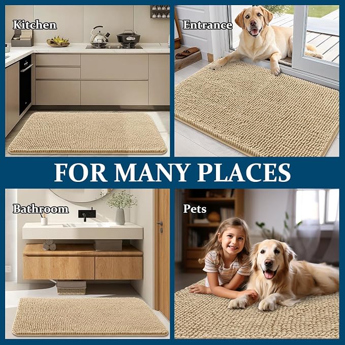 OLANLY Dog Door Mat for Muddy Paws 70x35, Super Absorbent Chenille Mud Mat | Beige, Absorbs Moisture and Dirt, Non-Slip Machine Washable Doormat, Quick-Drying Indoor Entryway Floor Carpet for Dogs