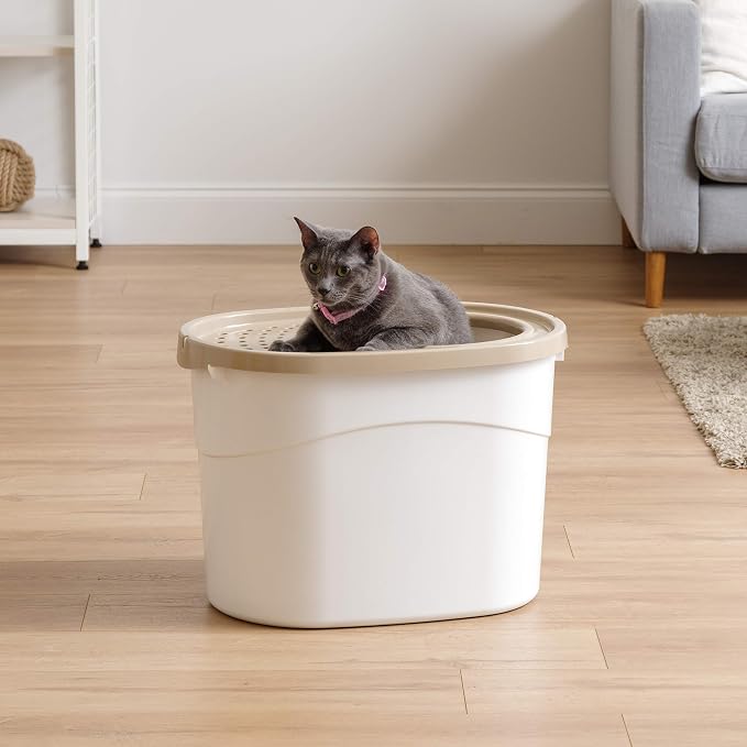 IRIS USA Large Top Entry Cat Litter Box with Lid, Enclosed Covered Cat Litter Box for Indoor Cats, Dog Proof Design, Odor Control, Litter Tracking Reduction, Scoop Included, White/Beige