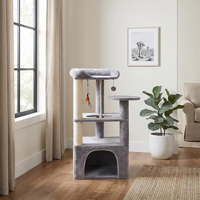 AIWIKIDE 31.5 Inch Cat Tree for Indoor Cats, Multi-Level Medium Cat Tower with Plush Perch, Sisal Scratching Posts and Private Condo for Kittens, Grey