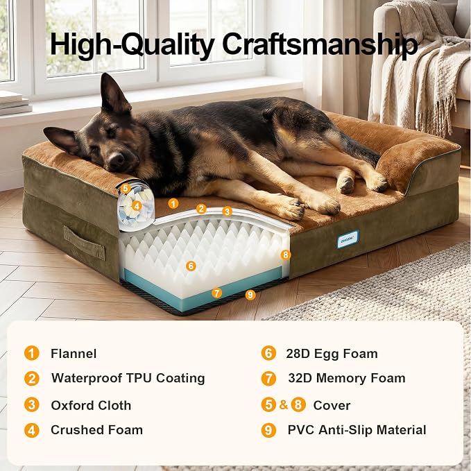OhGeni Orthopedic Dog Bed Couch Big Cat Sofa for Extra Large Sized Pets with Memory Foam, Machine-Washable Waterproof Removable Cover, Soft Comfortable Fabric, 44-inch (Brown)