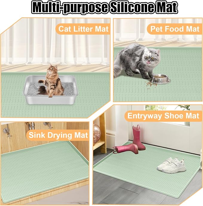 Silicone Cat Litter Mat 47" x 35" Cat Mat for Litter Box, Green | Extra Large Cat Litter Trapping Mat for Floor, Waterproof, Non-Slip Kitty Litter Box Mat with Raised Edge, Easy to Clean
