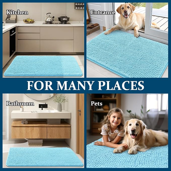 OLANLY Dog Door Mat for Muddy Paws 70x46, Super Absorbent Chenille Mud Mat | Blue, Absorbs Moisture and Dirt, Non-Slip Machine Washable Doormat, Quick-Drying Indoor Entryway Floor Carpet for Dogs