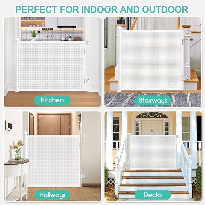 71 Inch Retractable Baby Gates Extra Wide, 41 Inch Reinforced Extra Tall Gate Mesh Safety Gate for Kids Pets, Retractable Dog Gate Baby Retractable Gate for Stair Hallway Doorway Indoor Outdoor, White
