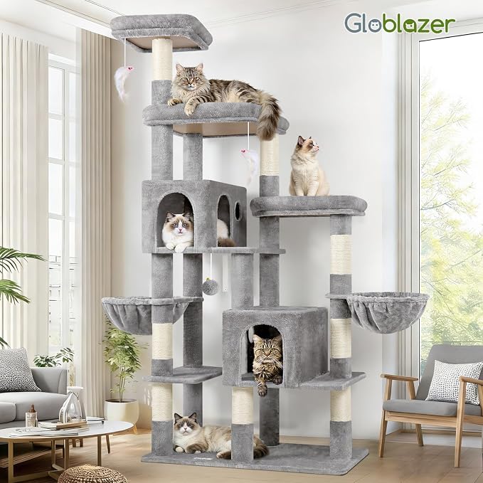 Globlazer 74in Large Sturdy Cat Tree for Large Cats, F74F, Light Grey | Tall Maine Coon Cat Tower for Indoor Cats Large Adult with 8 Scratching Posts, 2 Spacious Cat Condos, 3 Perches