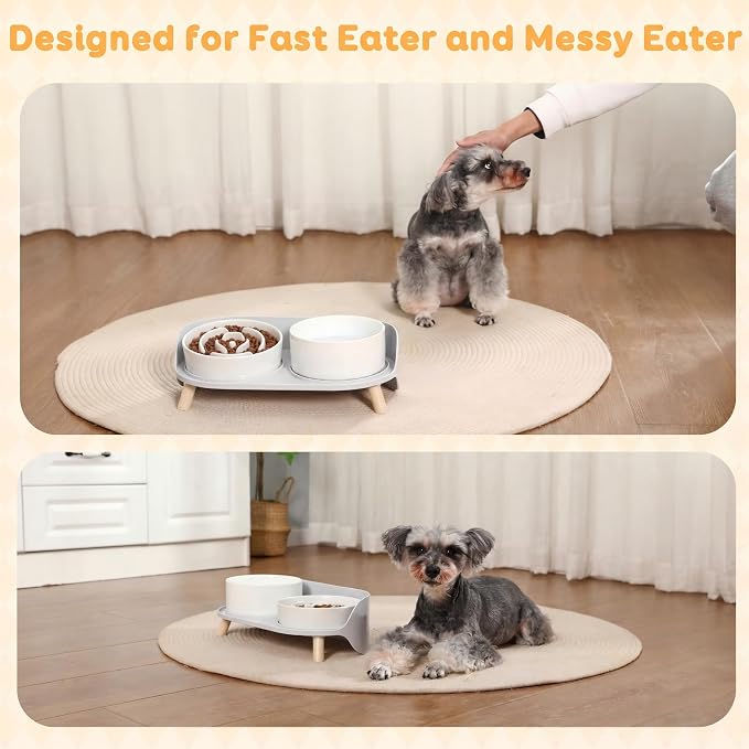 Elevated Slow Feeder Dog Bowls - Ceramic Food and Water Bowl Set with Stand - Raised Pet Dishes for Small and Medium Sized Dogs