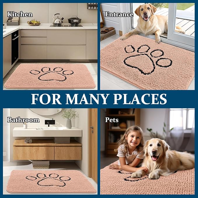 OLANLY Dog Door Mat for Muddy Paws 30x20, Paw Print Design Chenille Mud Mat | Peach, Absorbent, Traps Moisture and Dirt, Non-Slip Washable Doormat, Quick-Drying Indoor Entryway Floor Carpet for Dogs