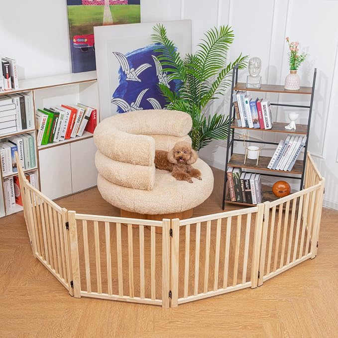 YOCAN Non-Painted Wooden Freestanding Dog Gates for The House,Doorways, Stairs,Wood Dog Fences Indoor Pet Gate,Step Over Fence-6 Panel H:23”