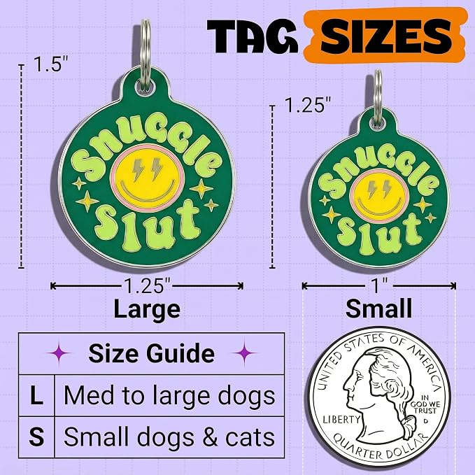 Bad Tags Personalized Dog and Cat ID Tags in 25+ Designs and 2 Sizes - 5 Lines of Custom Engraved Text - Funny Cute Personalized Pet Tags (Snuggle Sl*t - Green, Small (1 inch))