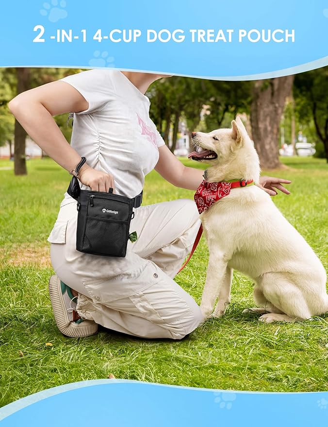 4 Cup Dog Treat Pouch with Silicone Insert Bag& Clicker(Black) | 2 Pair Magnetic Closures, Belt Clip/Waist Belt/Crossbody Wear, Zipper Pocket Poop Bag Holder for Pet Training/Daily Walking