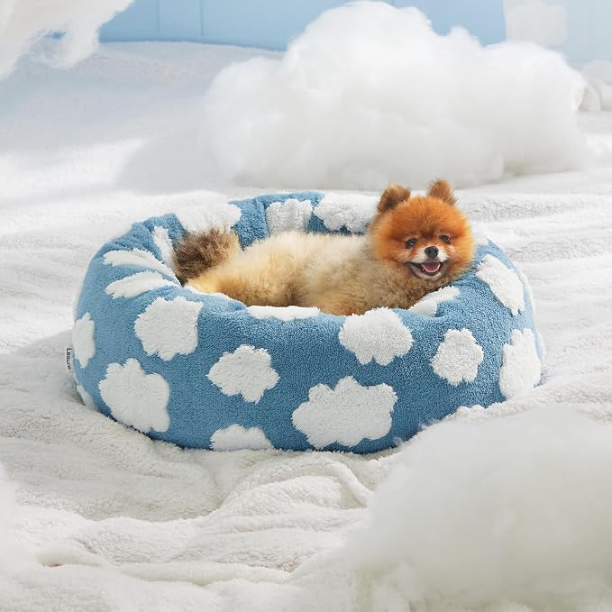 LE SURE Shown on TV Donut Dog Beds for Small Dogs - Calming Cat Sofa as Bed Gift for Indoor Cats with Washable Cover, Round Home Decor Cute Pet Beds with Jacquard Shaggy Plush, 23 Inch, Blue