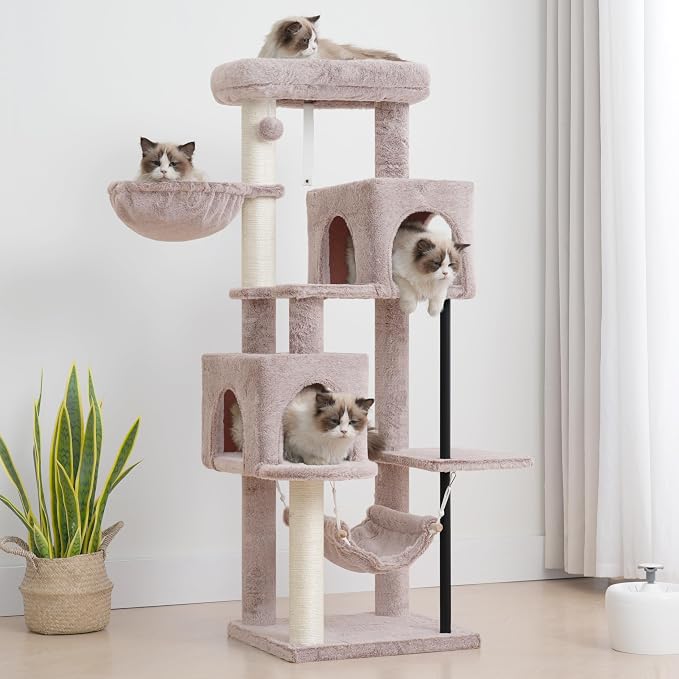 Cat Tree Tower with Sturdy Steel Tube for Indoor Cats GCT014MU | 51.2'' Cat Furniture with Scratching Posts, Hammock, Basket and Padding Top Platform for Inoor Cats Large Adult, Mushroom