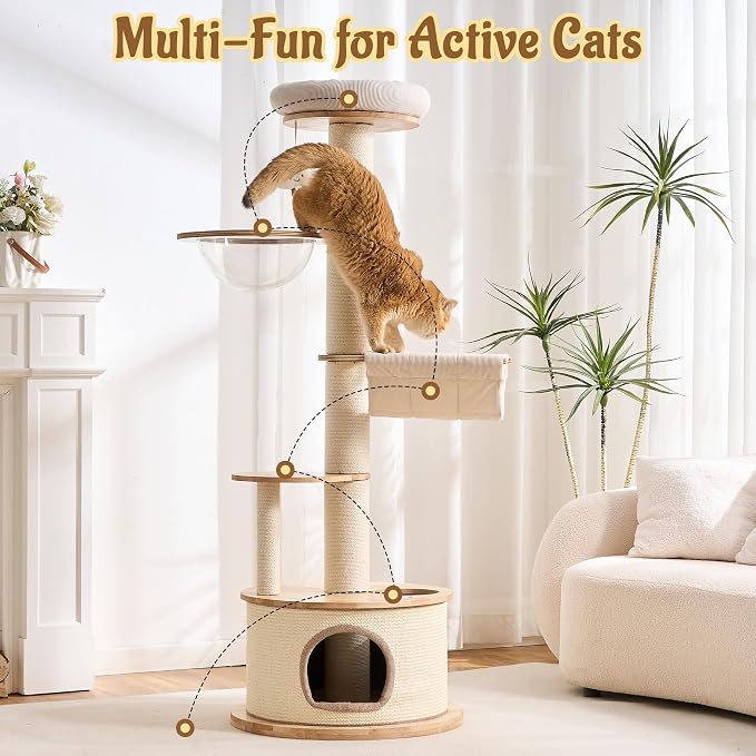 64.2" Solid Wood Cat Tree Tower for Indoor Cats, Multi-Level Modern Cat Furniture with 20" Condo, Interchangeable Hammock & Capsule Bed, Chunky Scratching Posts for Active Cats up to 12 lbs