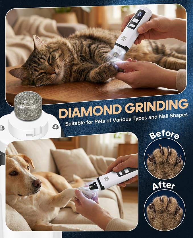 Dog Nail Grinder with 2 LED Lights | Type C 2 Speed Rechargeable Pet Nail Trimmer, Quiet for Paw Grooming, Powerful Painless Claw Clipper Kit