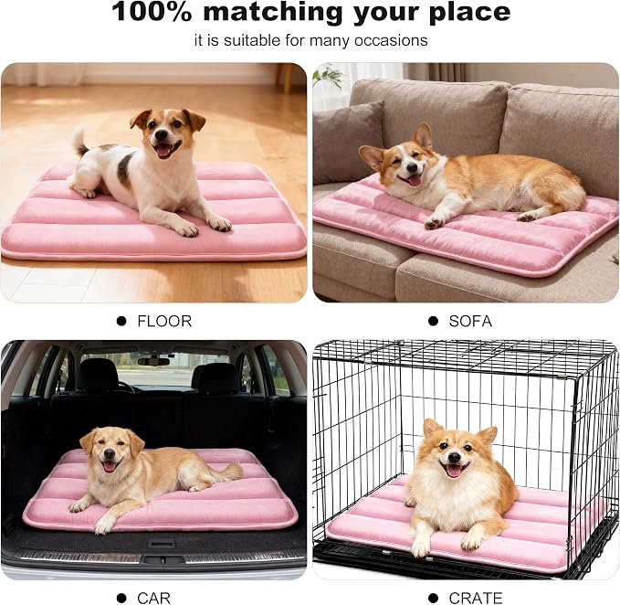 pobopobo Dog Crate Pad, Ultra Soft & Anti-Slip Kennel Mat, Secure Fit for Metal Crates & Dog Cages, Washable Cozy Bed for Small Medium Large Dogs (Pink, M(28"*16"*1.5"))