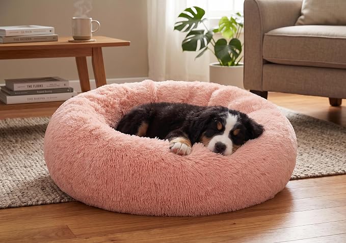SAVFOX 23 inches Calming Donut Dog Bed - 3X Durable Plush Faux Fur, Machine Washable & Non-Slip, Fits up to 25 lbs, Pink