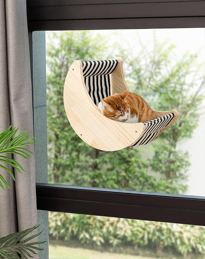 Cat Window Perch, Plywood Moon Bed with 4 Heavy-Duty Suction Cups | Window-Mounted, Drill-Free, Up to 40 lb Support, For Small to Medium Cats, Spacious Lounging Area, Machine-Washable Pad