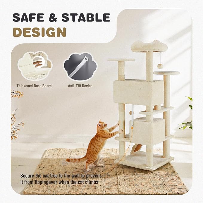 54 Inch Cat Tree Tower with Natural Sisal Scratching Post | Multi-Level Cat Climbing Tower with Hammock, Pet Condo for Indoor Cats and Kittens, Beige