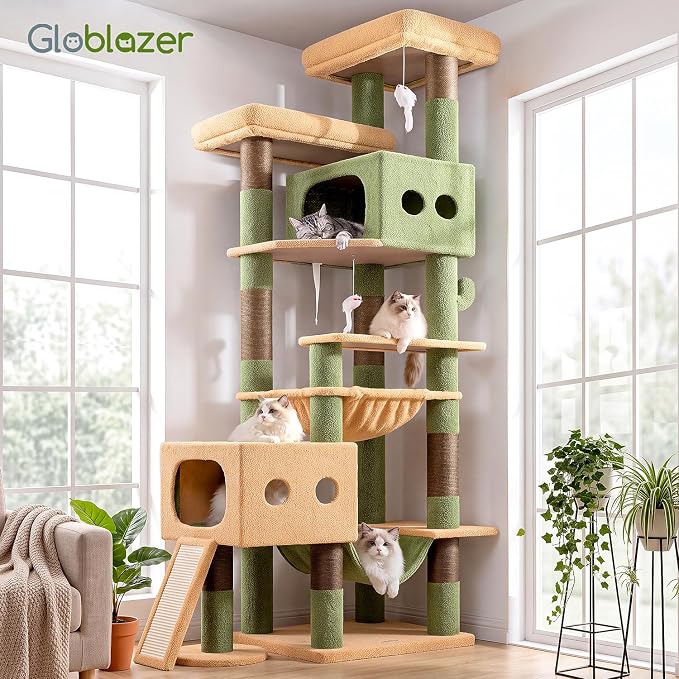 Globlazer 83inch Sturdy Cactus Multi-Level Tall Cat Tower, S83G, Green | Extra Large Heavy Duty Cat Tree for Indoor Large Adult Cats Kittens with 2 Cat Condo, 8 Scratching Post, 2 Hammock