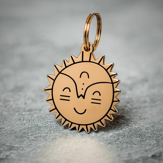 Two Tails Pet Company Personalized 'Smiling Sun' Pet ID Tag - Custom Engraved Dog Tags for Pets - Durable Brass, Gold Plating