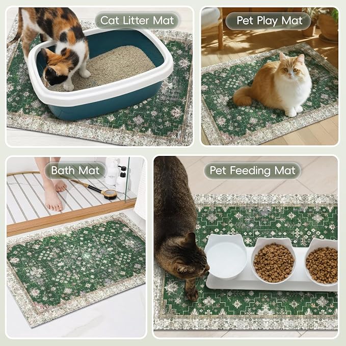 Cat Litter Mat Litter Trapping Mat, 24"x15" Waterproof Urine Proof Litter Box Mat Catcher Mat Non-Slip Washable for Kitty Kitten, Green