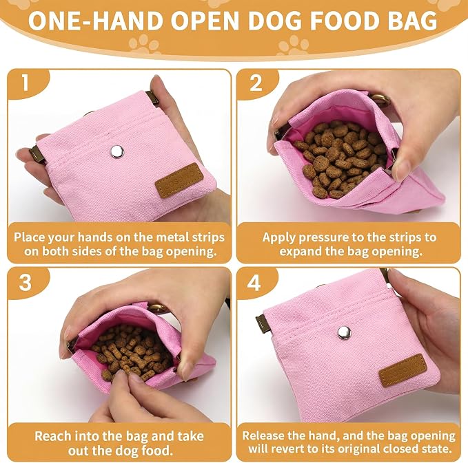 Dog Treat Pouch for Pet Training, Carabiner & Magnetic Buckle, Pink | Hand Free Dog Training Treat Bag, Auto Closing Dog Walking Bag for Puppy Travel or Outdoor Use, Pet Feed Snack Reward Pocket