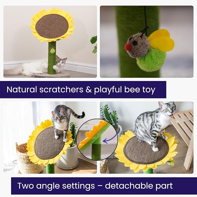 Catry Sunflower 2-in-1 Cat Scratching Post with Convertible Bed & Bee Toy | Aesthetic Sunflower Cat Scratcher with Replaceable sisal Post and Adjustable Flower Pad Ideal for Small to Medium Cats