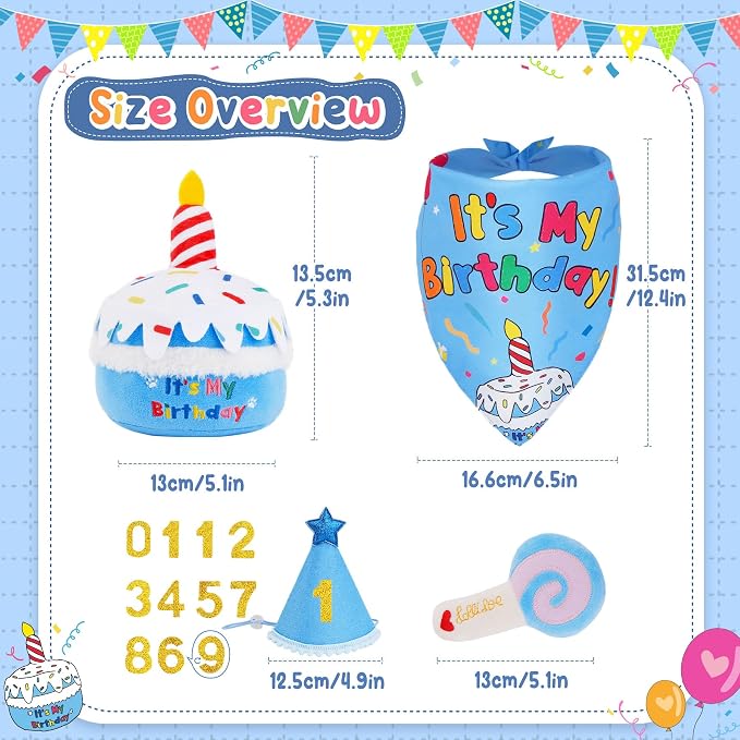 KIPRITII Dog Birthday Party Supplies – Dog Birthday Cake Toys, Birthday Bandana & Hat for Small Dogs, Interactive Puppy Plush Toys to Relieve Boredom