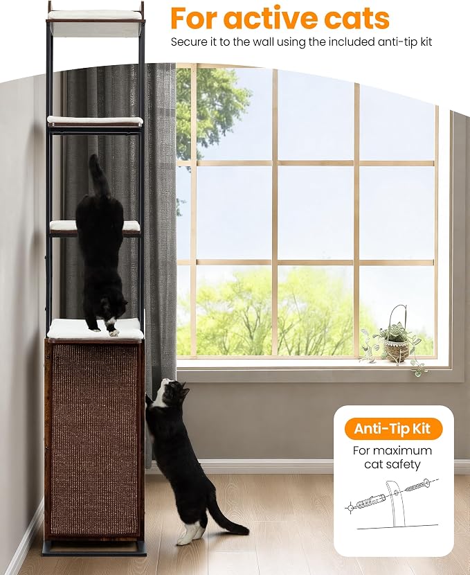 Wood Modern Cat Tree Tower, 84 Inch XL Tall Indoor Large Cat Condo | Heavy Duty XL Stable Wooden Cat Condo House Furniture with Multi-Level Spacious Perch Scratching Board Soft Washable Pads